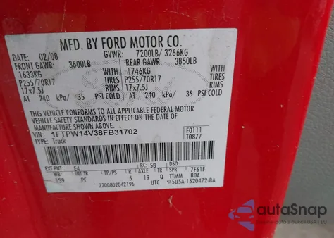 2008 Ford F-150 60Th Anniversary/Fx4/King Ranch/Lariat/Xlt from USA, damaged, VIN 1FTPW14V38FB31702